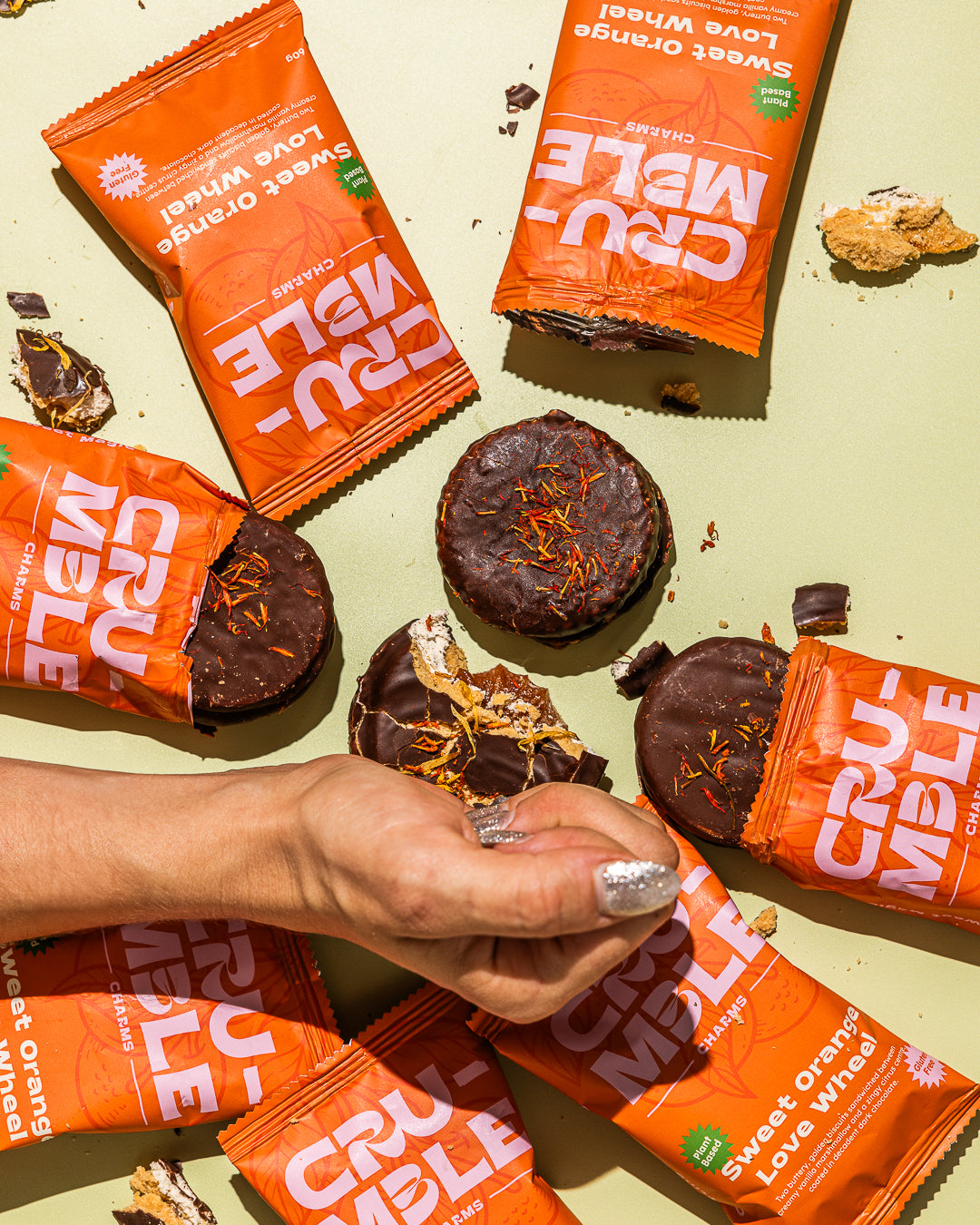 Plant-based chocolate wheels and bars by Crumble Charms in Australia