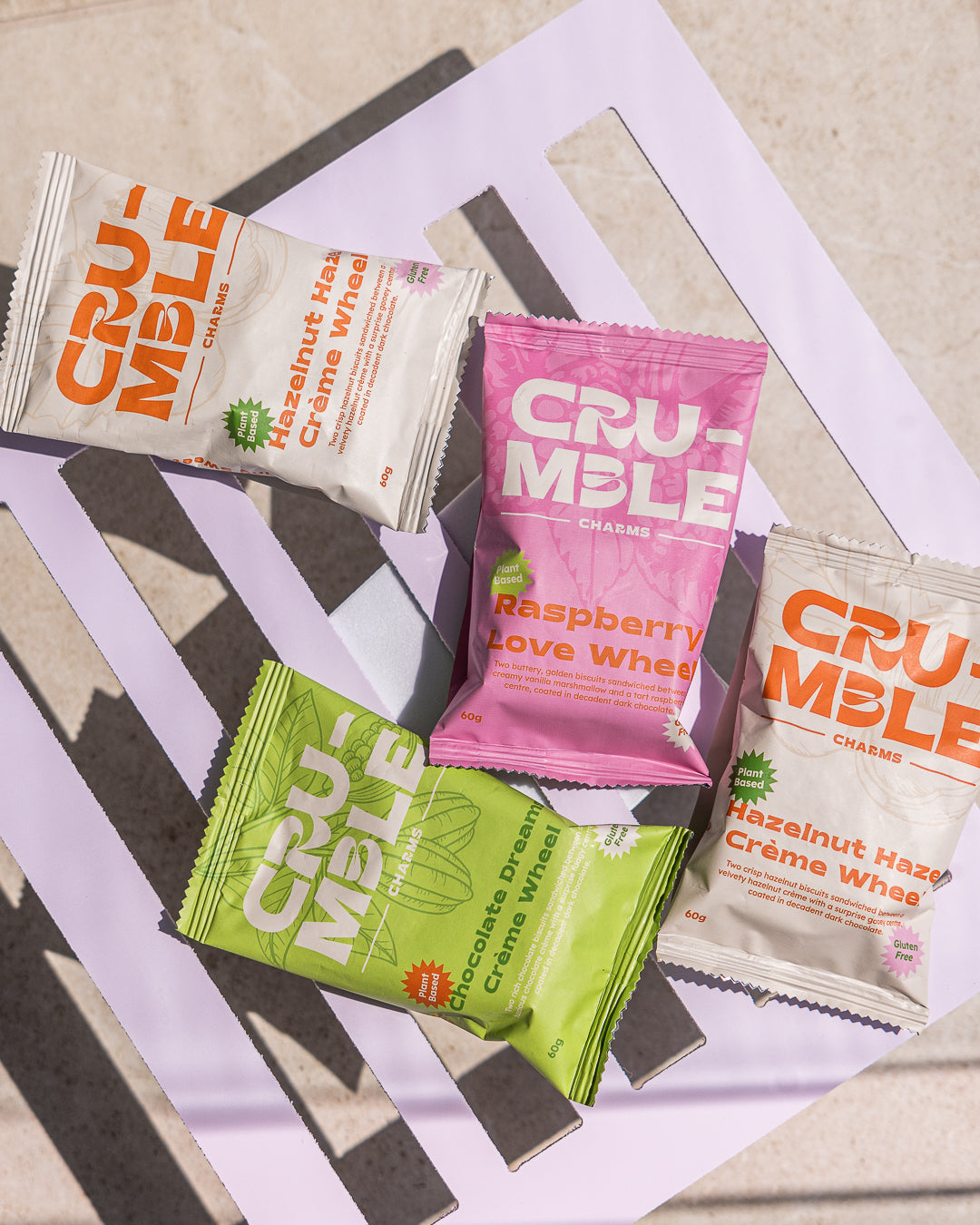 Gluten-free vegan chocolate wheels in Crumble Charms packaging Australia