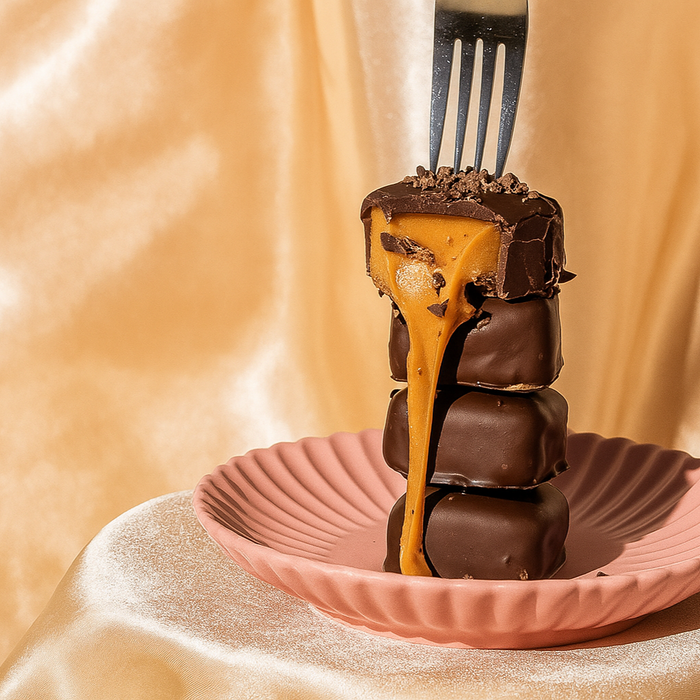 Gluten-free vegan chocolate caramel bar with gooey caramel centre by Crumble Charms