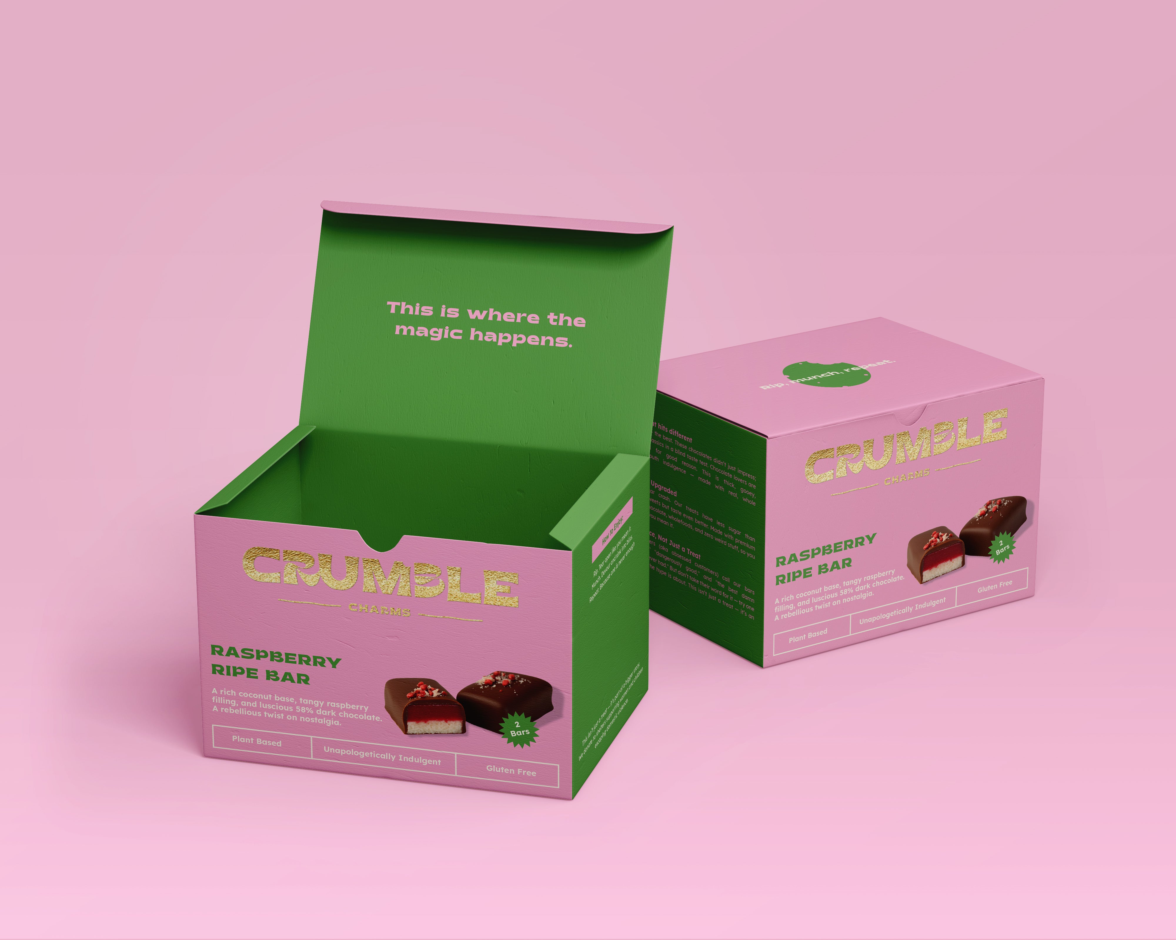 Raspberry Ripe Bar chocolate box packaging by Crumble Charms on pink background, gluten-free vegan treats