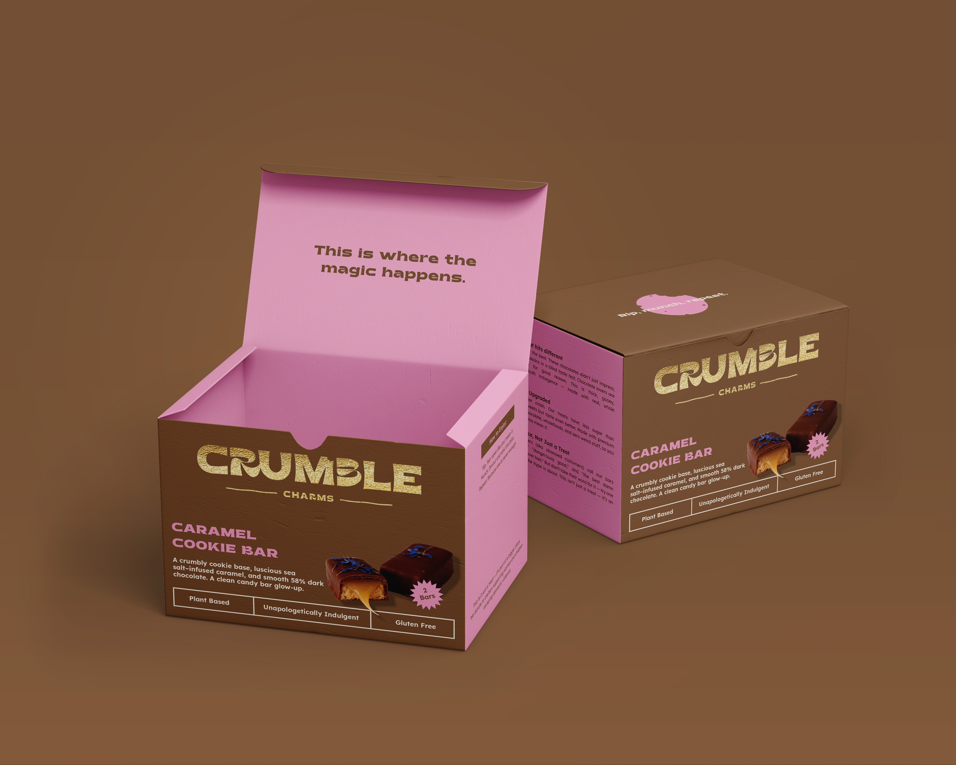 Caramel Cookie Bar chocolate box packaging by Crumble Charms on brown background, gluten-free vegan treats